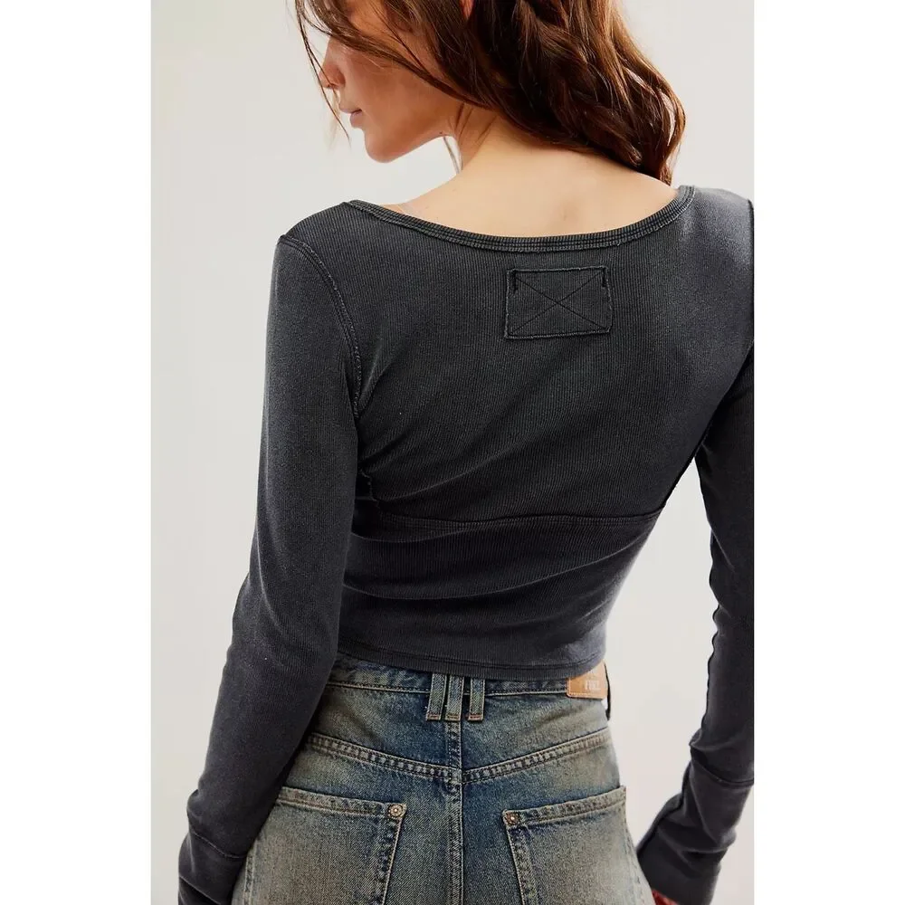 Free People We The Free Women's Lightning Long Sleeve Tee washed black L NEW